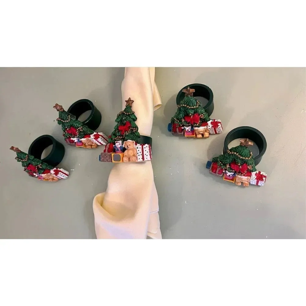 Vintage Hand Painted Christmas Present Teddy Bear Napkin Ring Holders‎ Lot of 5